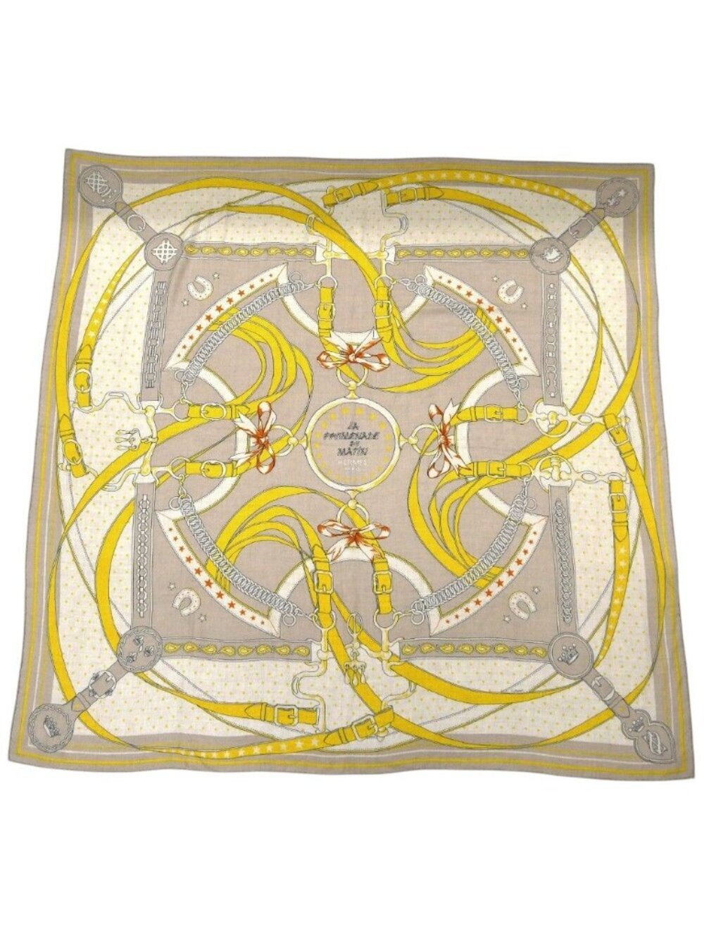 Hermes Carre Geant 140 Cashmere Silk Morning Walk Large Beige Yellow Scarf Shawl